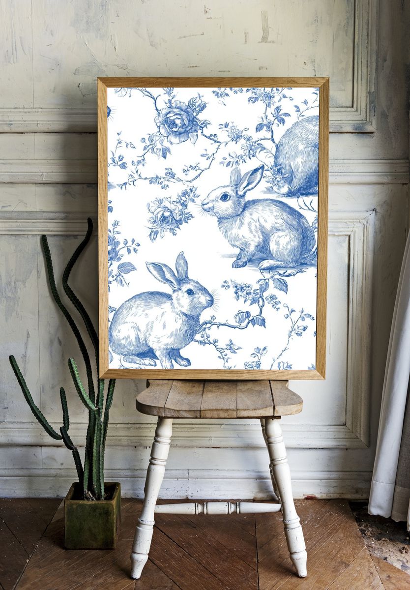 Blue Rabbit Toile Pattern Print. — room view 1
