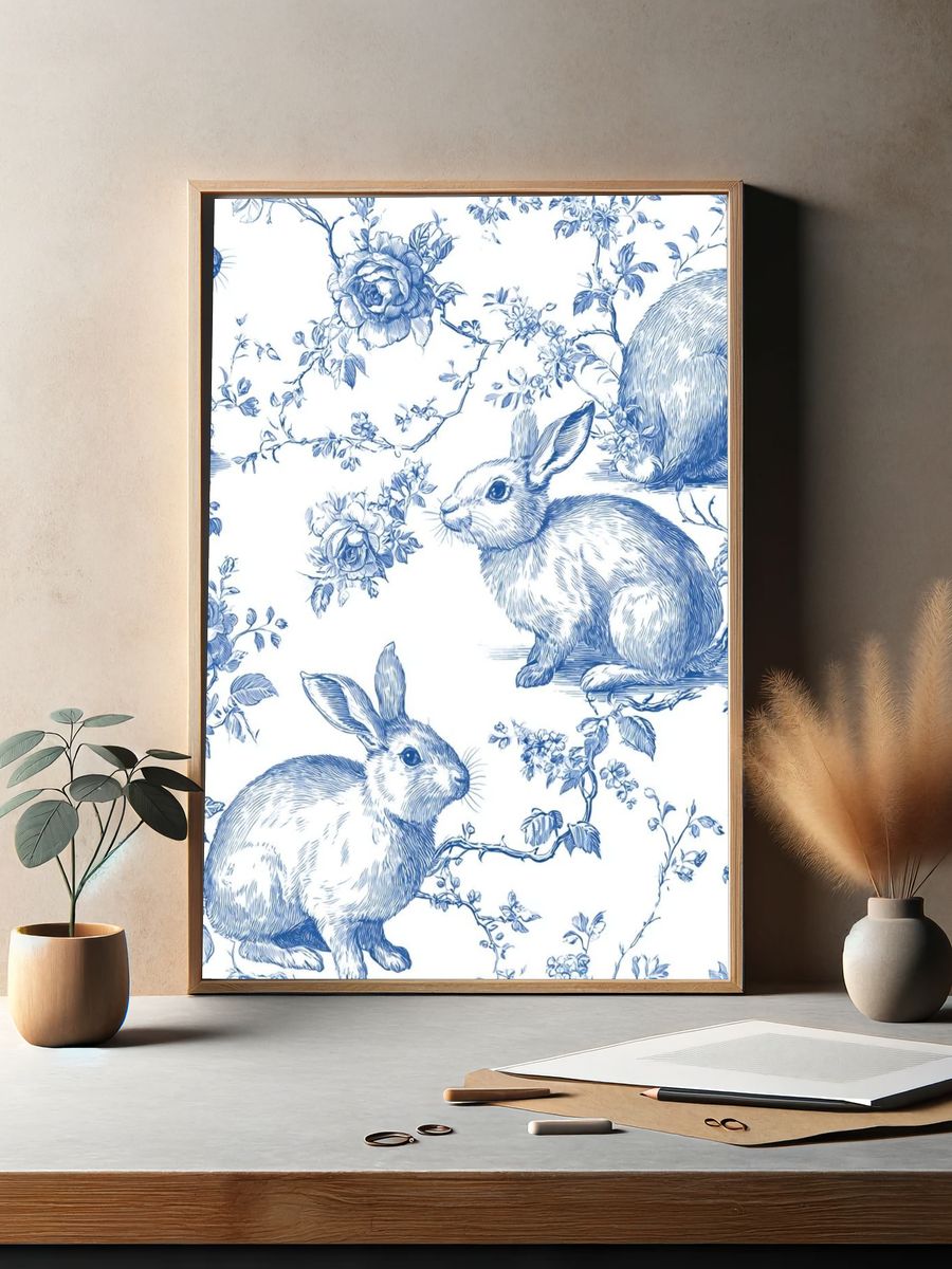 Blue Rabbit Toile Pattern Print. — room view 2