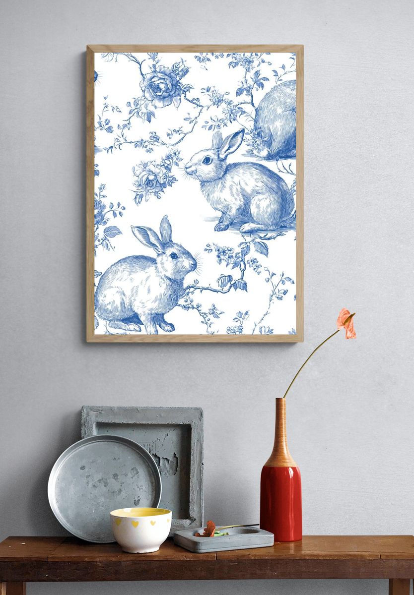 Blue Rabbit Toile Pattern Print. — room view 3