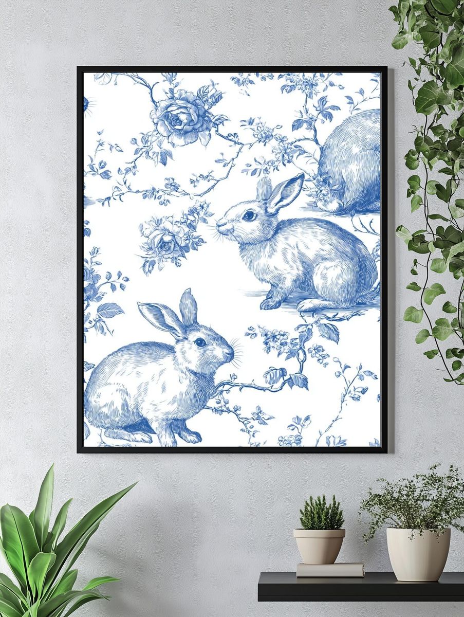 Blue Rabbit Toile Pattern Print. — room view 4