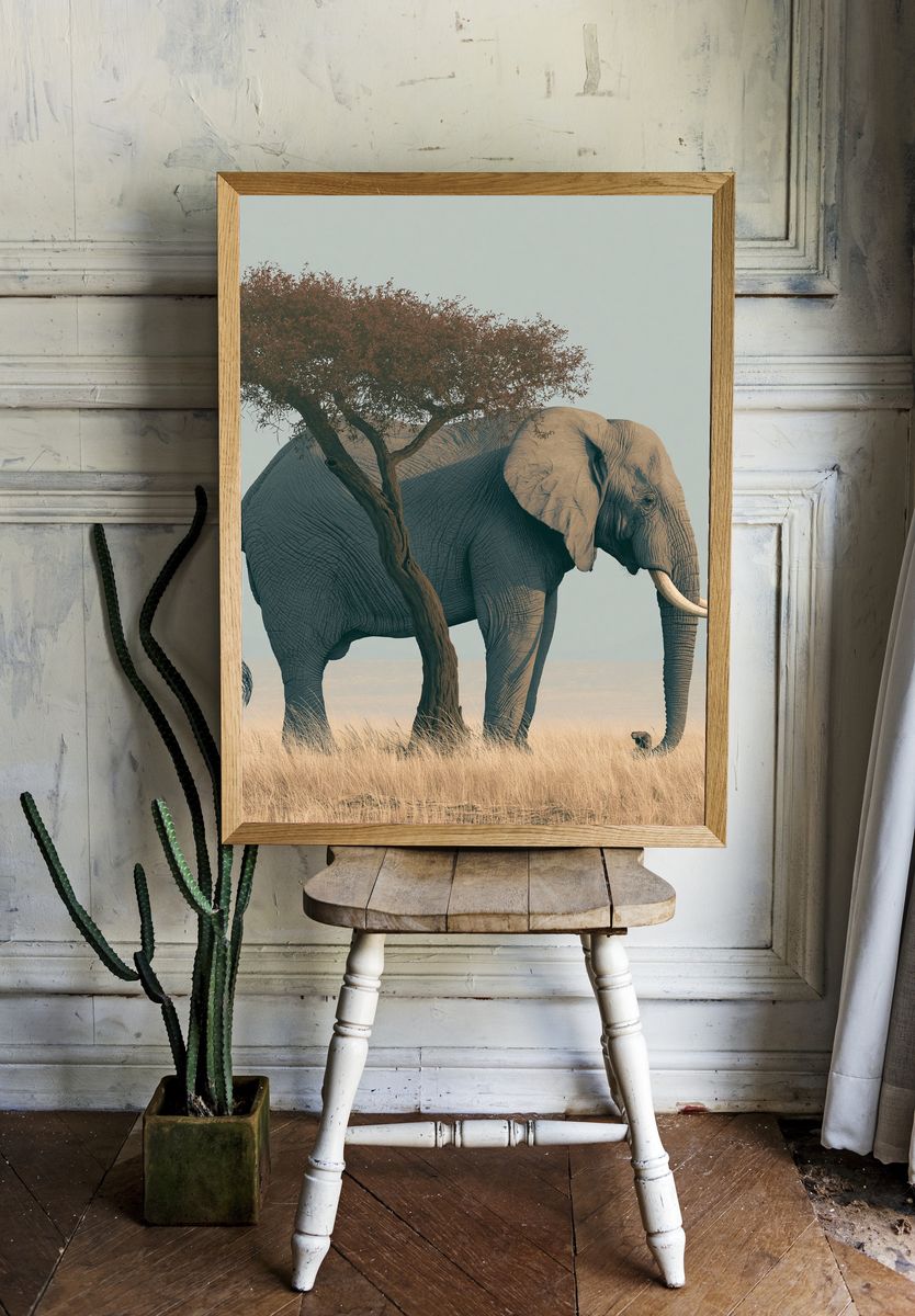 Elephant Under Acacia Photography Poster. — room view 1