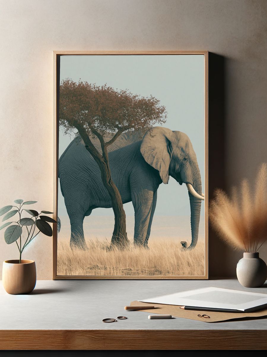Elephant Under Acacia Photography Poster. — room view 2