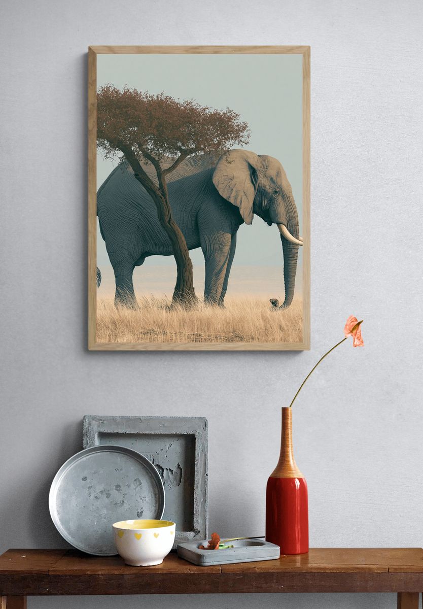 Elephant Under Acacia Photography Poster. — room view 3