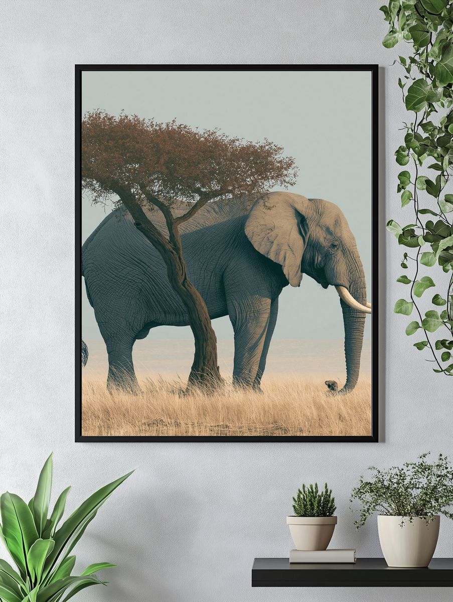 Elephant Under Acacia Photography Poster. — room view 4