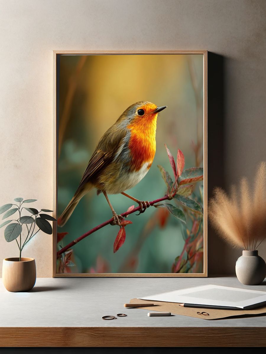 Robin on Branch Photography Poster. — room view 2