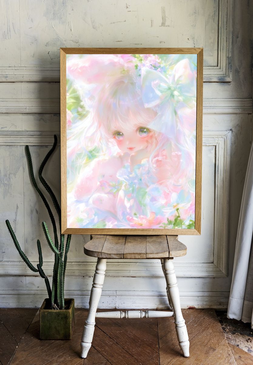 Pastel Anime Girl Floral Print. room preview