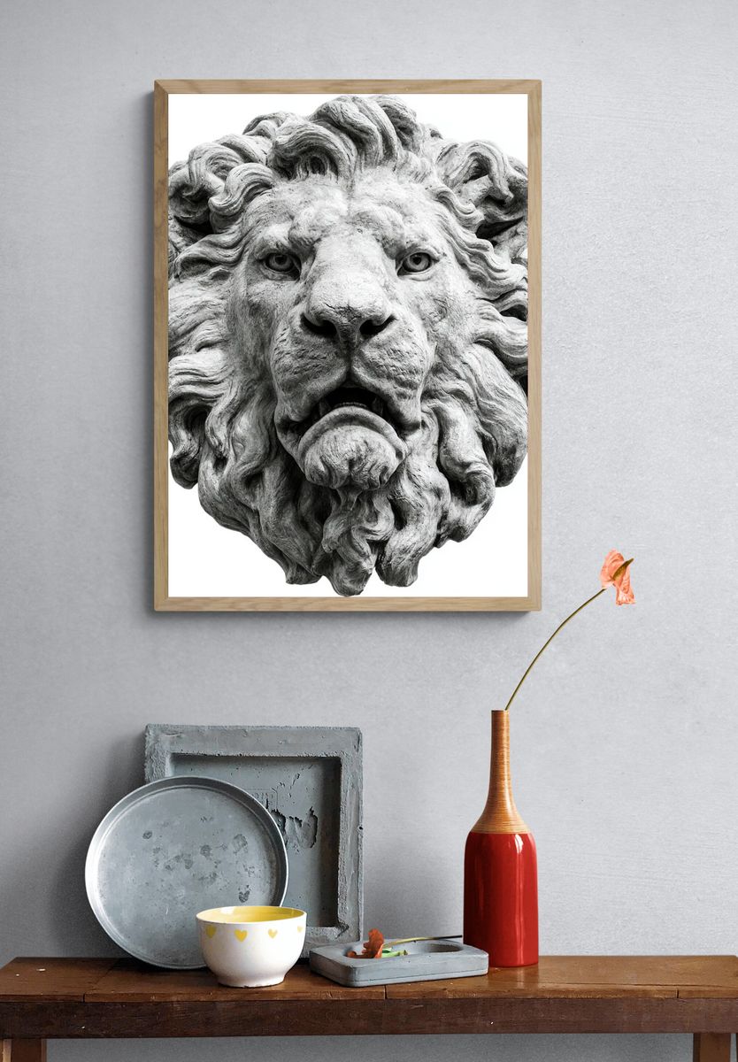 Stone Lion Head Photography Poster. — room view 3