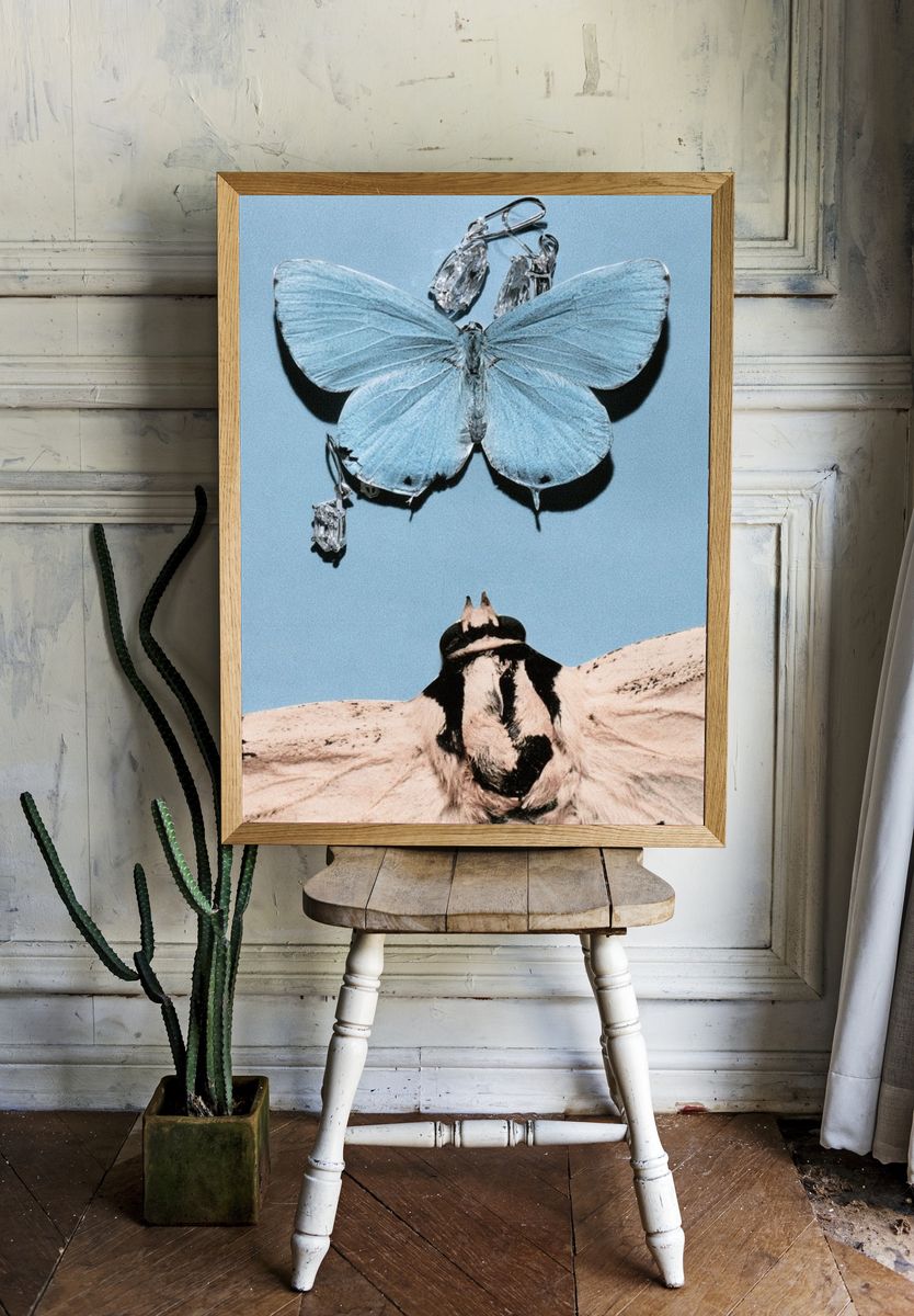 Blue Butterfly and Moth Collage Print. room preview