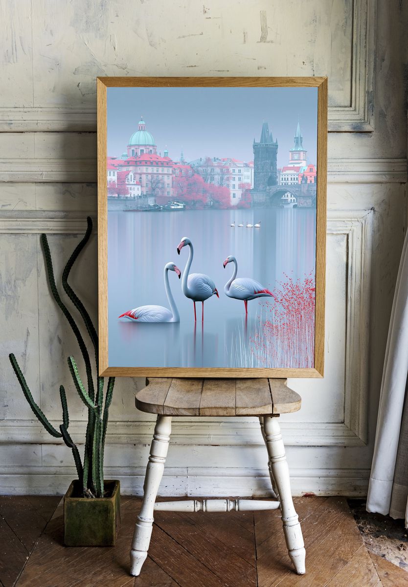 Prague Swans Misty Cityscape Print. room preview