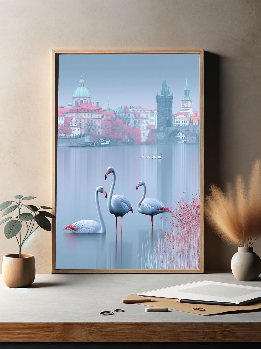 Prague Swans Misty Cityscape Print. — room view 2