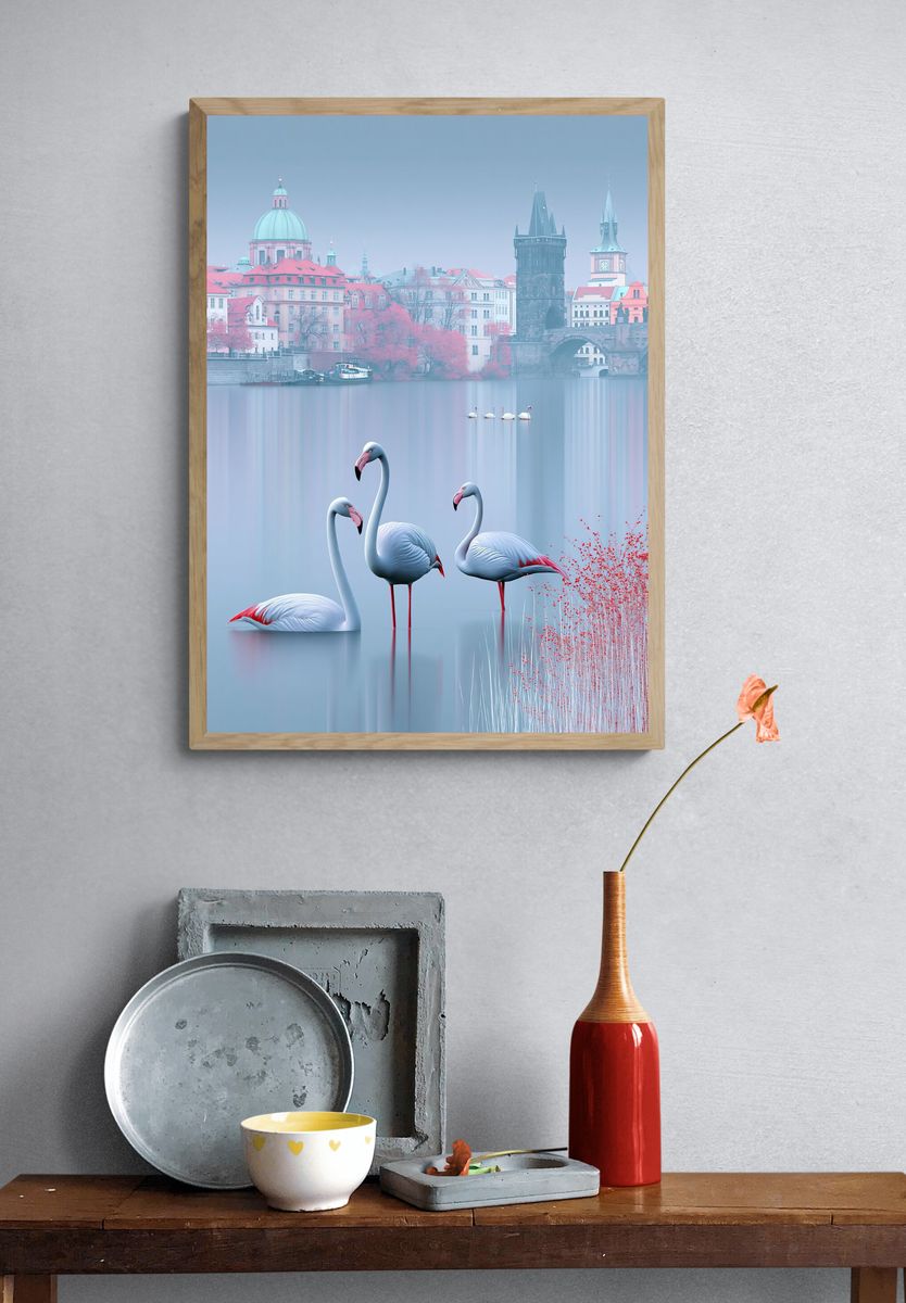 Prague Swans Misty Cityscape Print. — room view 3