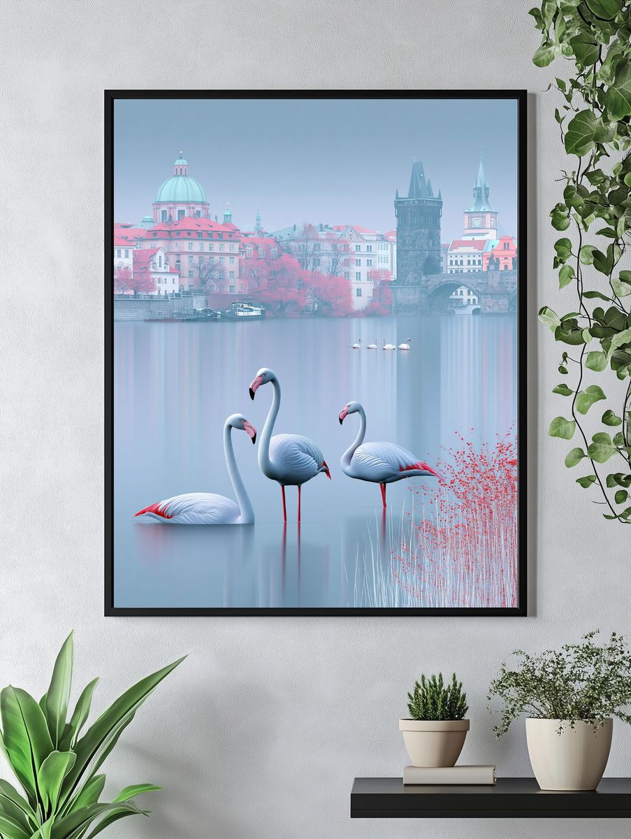 Prague Swans Misty Cityscape Print. — room view 4