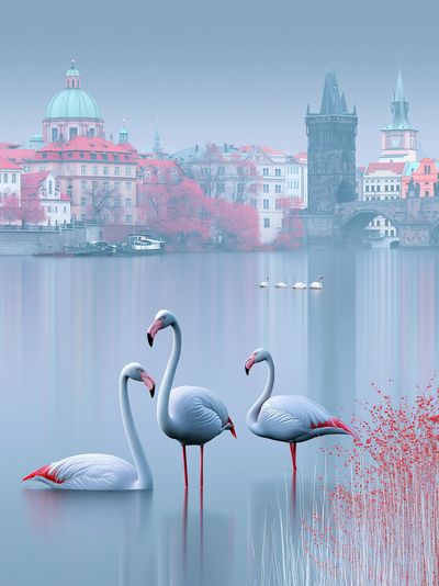 Prague Swans Misty Cityscape Print.