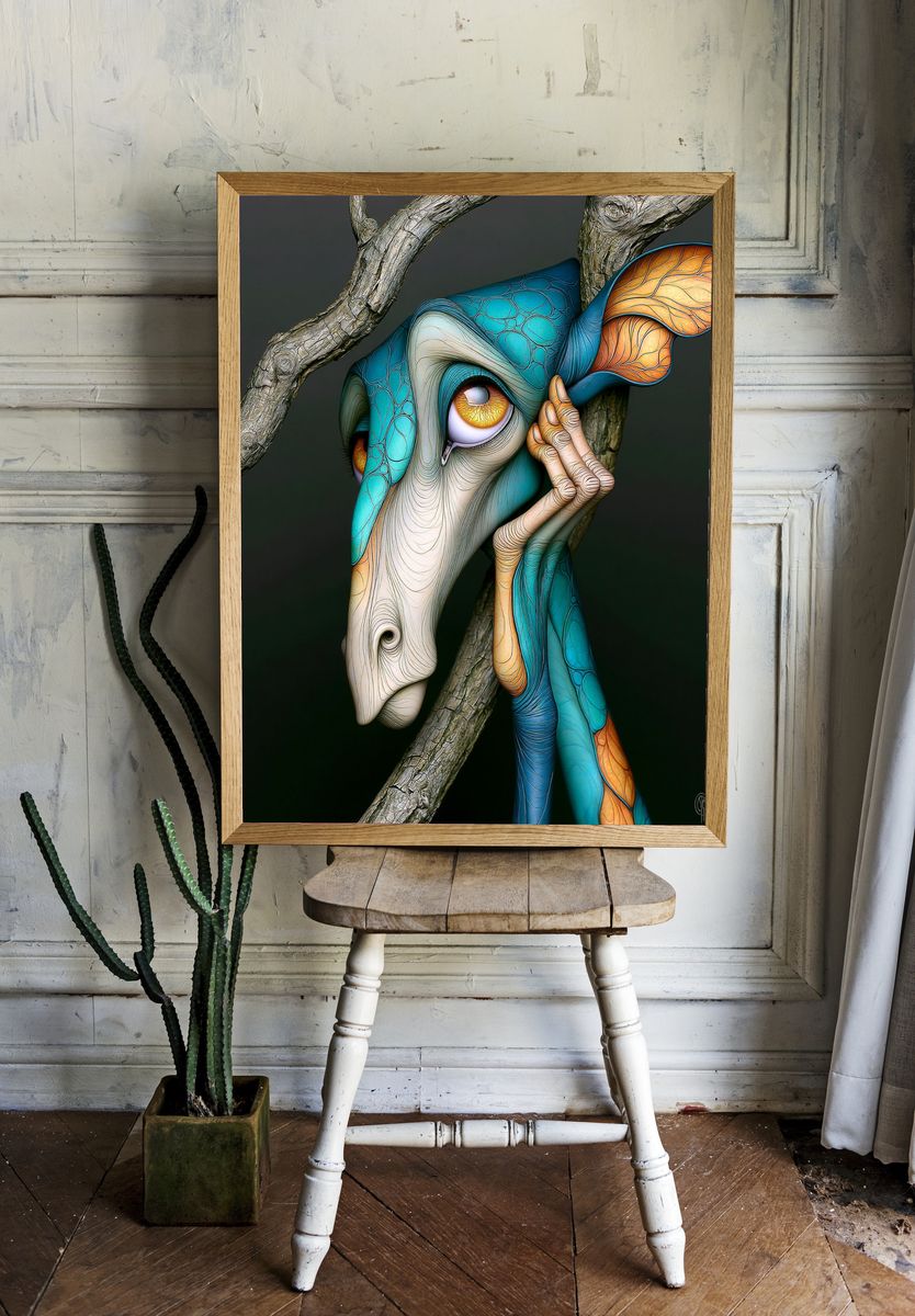 Surreal Giraffe Portrait Poster. room preview