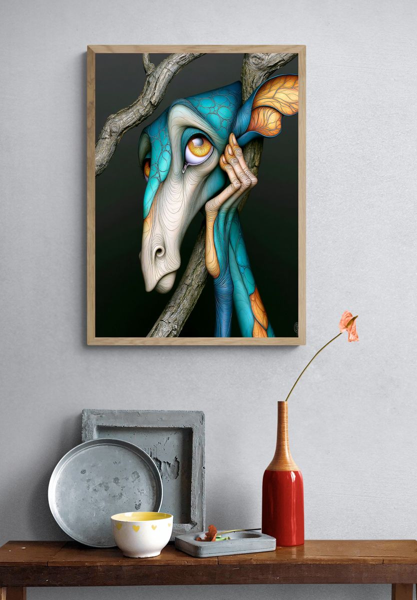 Surreal Giraffe Portrait Poster. — room view 3