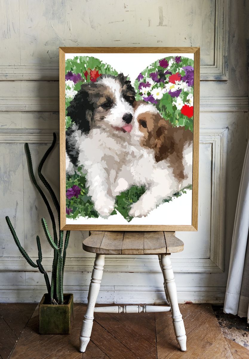 Puppy Floral Illustration Poster. — room view 1