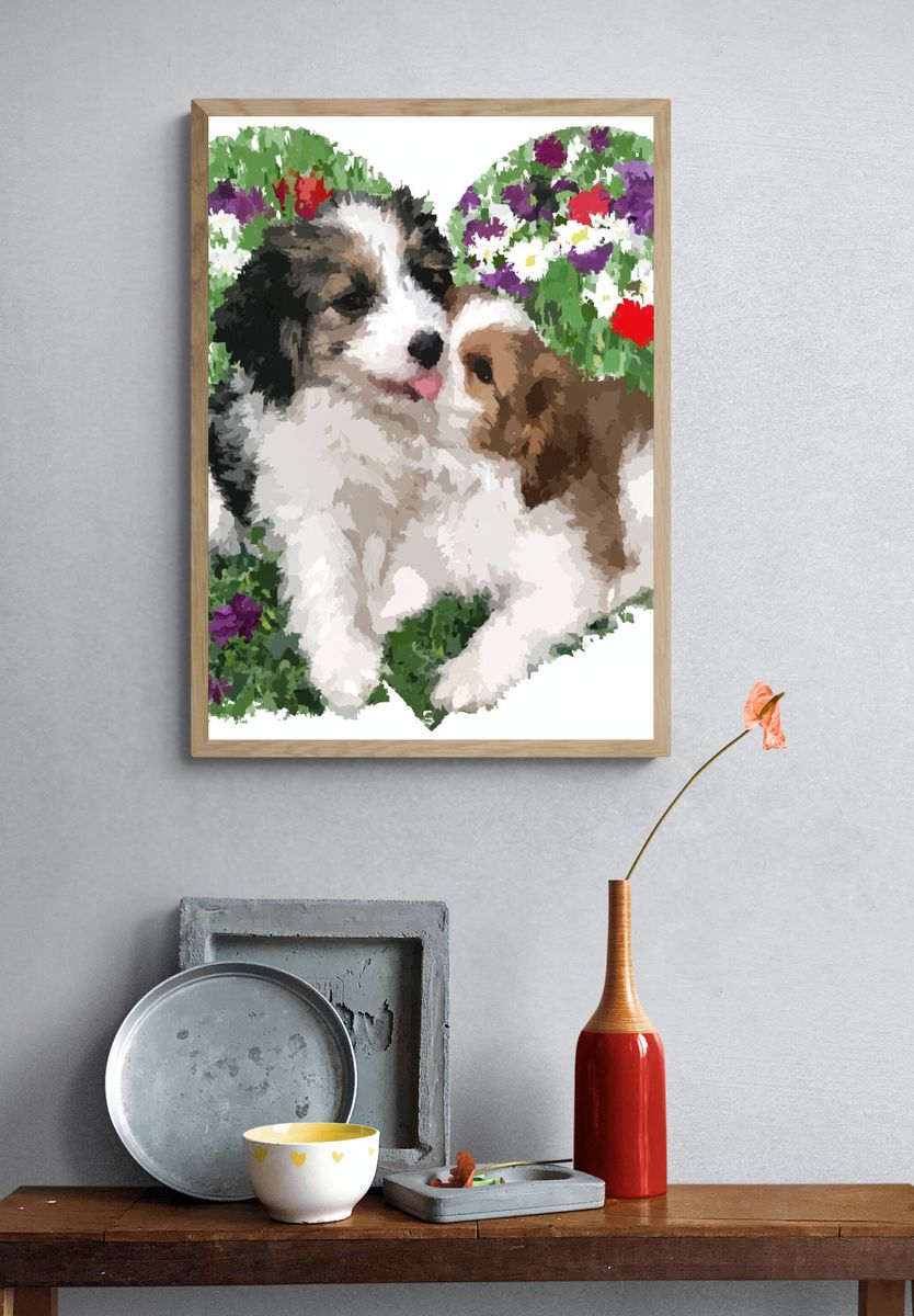 Puppy Floral Illustration Poster. — room view 3