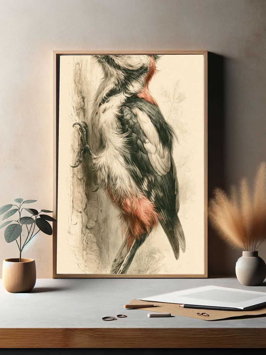 Woodpecker Botanical Illustration Poster. — room view 2