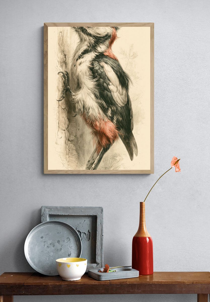 Woodpecker Botanical Illustration Poster. — room view 3