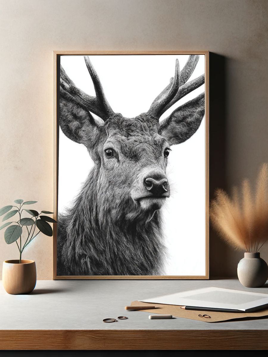 Majestic Deer Black-White Print. — room view 2