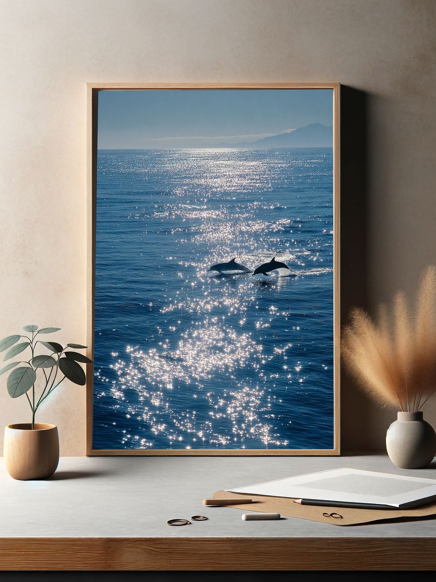 Dolphins at Sea Photography Poster. — room view 2