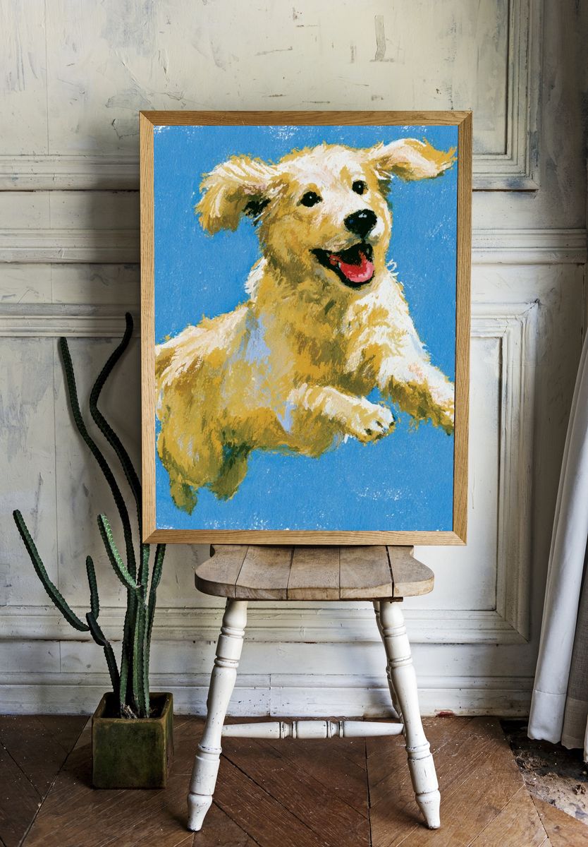 Playful Golden Retriever Illustration Poster. — room view 1
