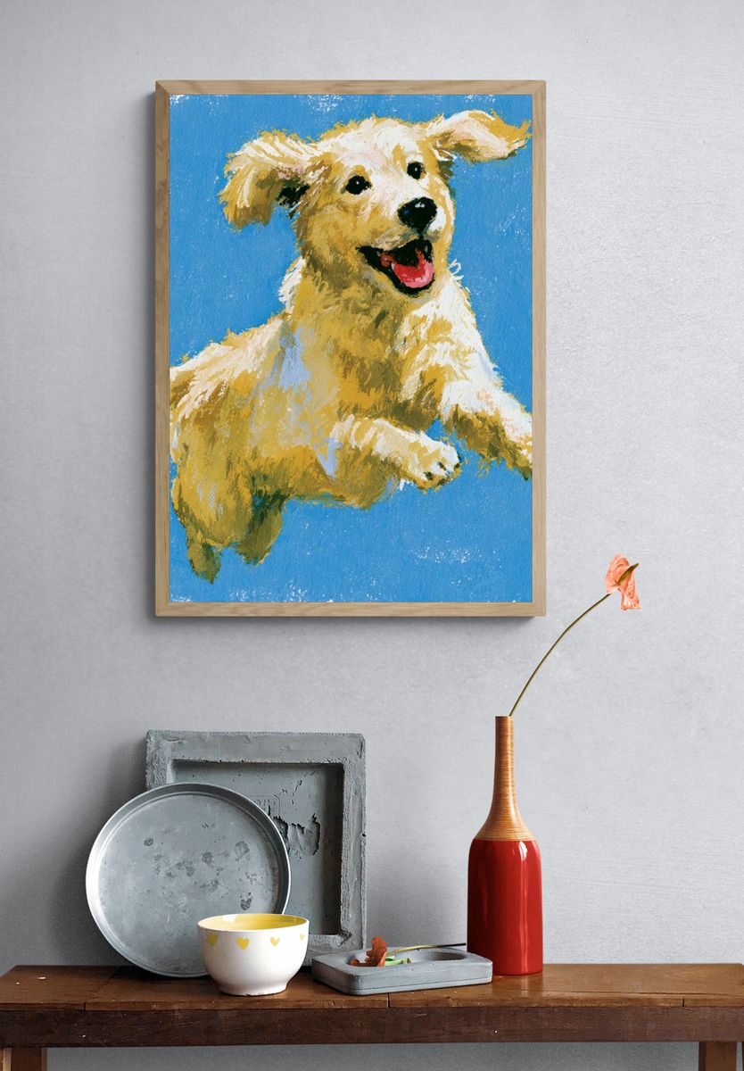 Playful Golden Retriever Illustration Poster. — room view 3