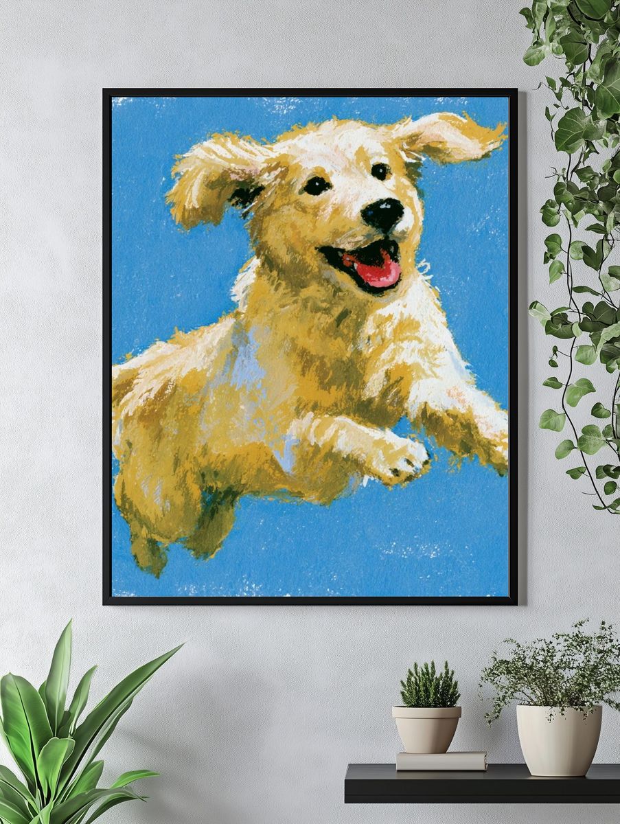 Playful Golden Retriever Illustration Poster. — room view 4