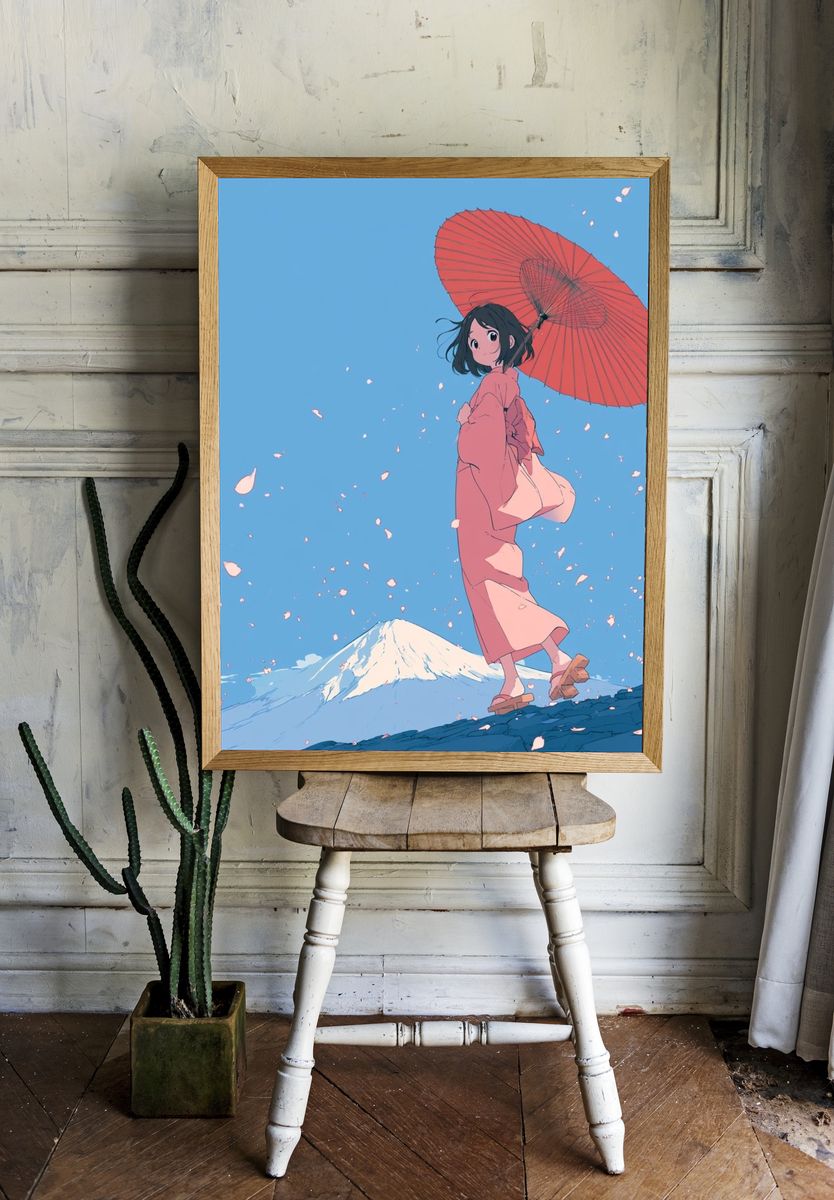 Kimono Girl with Umbrella Illustration Poster. — room view 1