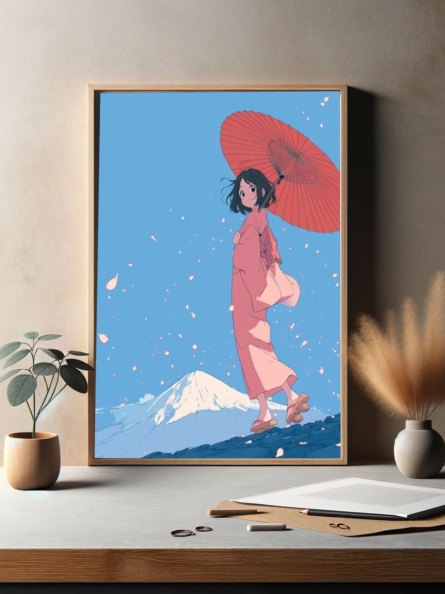 Kimono Girl with Umbrella Illustration Poster. — room view 2