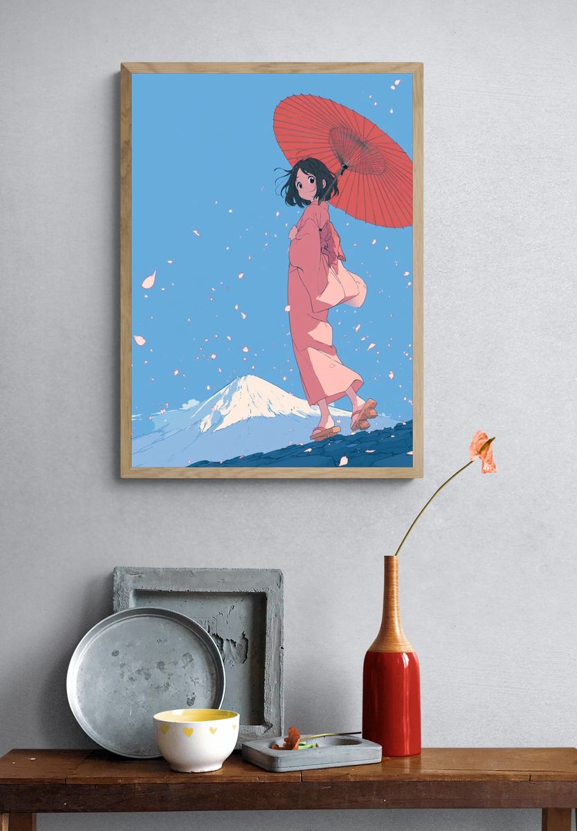 Kimono Girl with Umbrella Illustration Poster. — room view 3