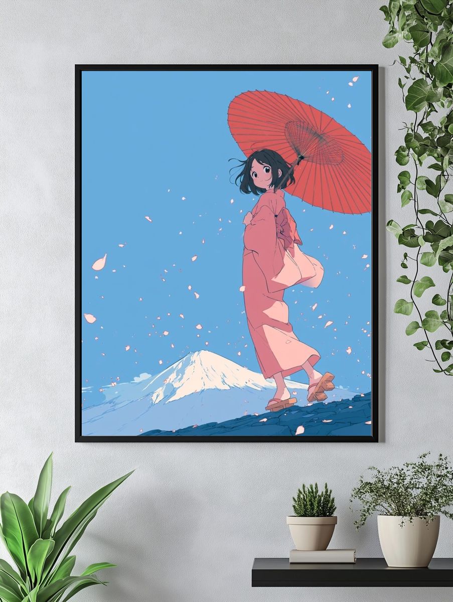 Kimono Girl with Umbrella Illustration Poster. — room view 4