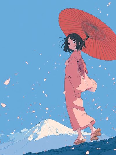 Kimono Girl with Umbrella Illustration Poster.