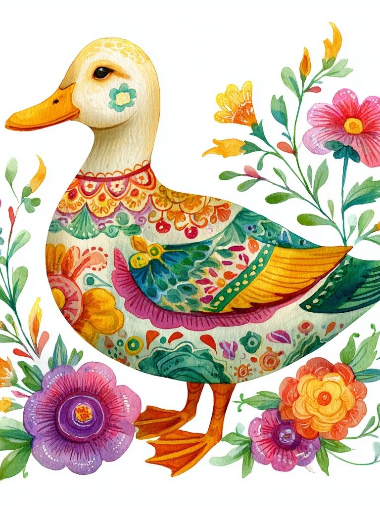 Floral Duck Watercolor Print. poster — animals art
