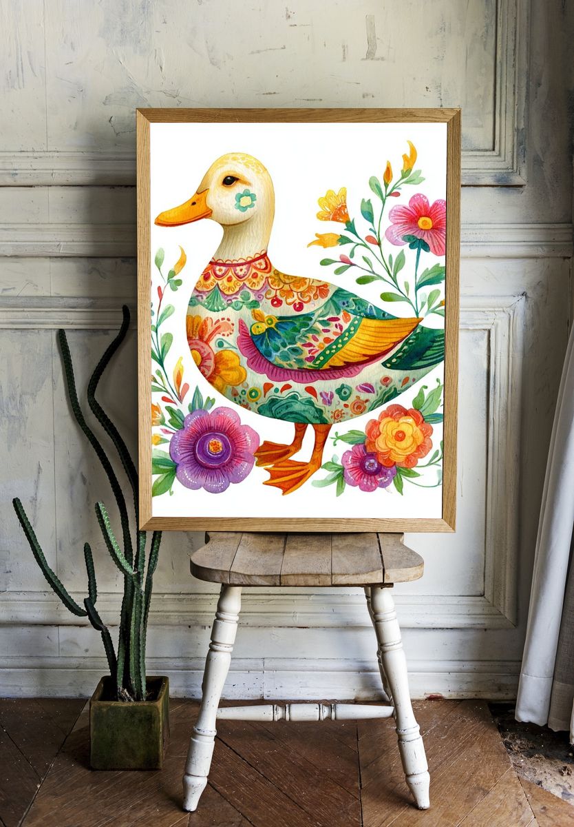 Floral Duck Watercolor Print. room preview