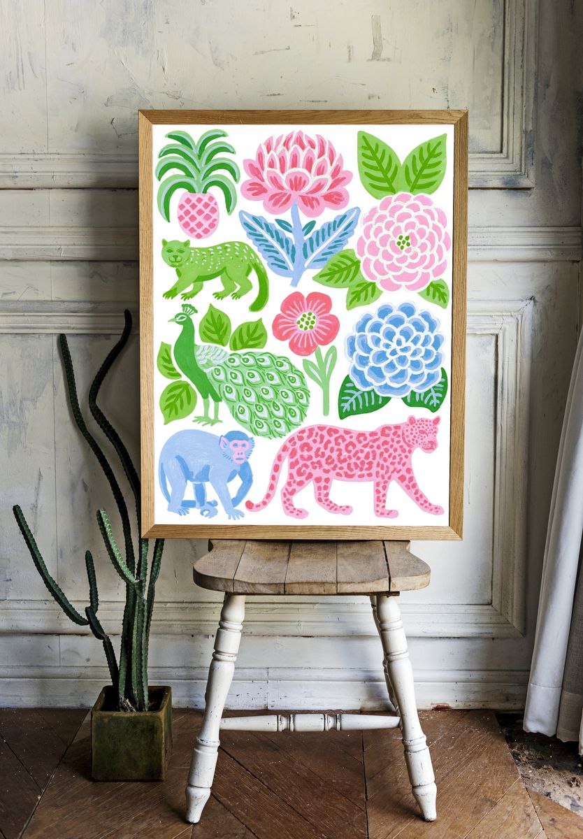 Tropical Jungle Animals Illustration Poster. — room view 1