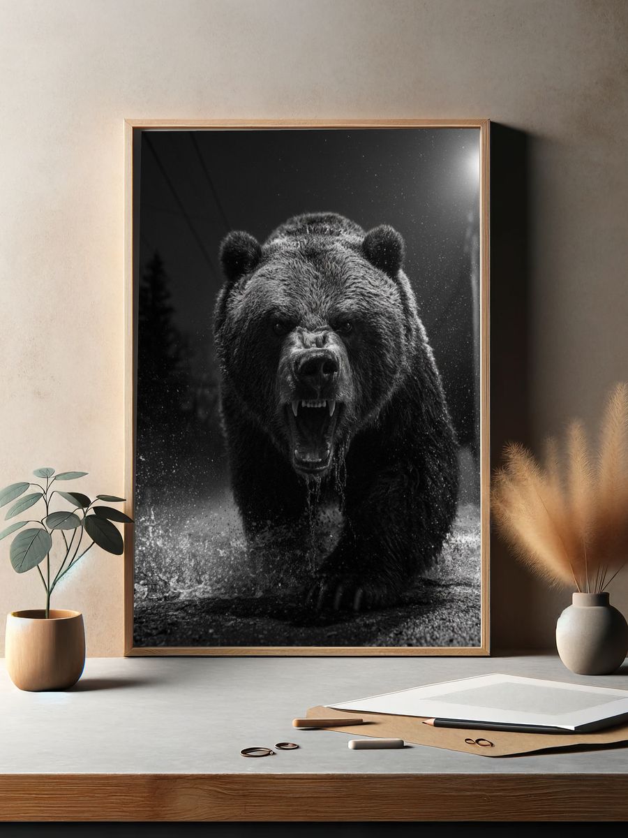 Roaring Bear Black-White Poster. — room view 2