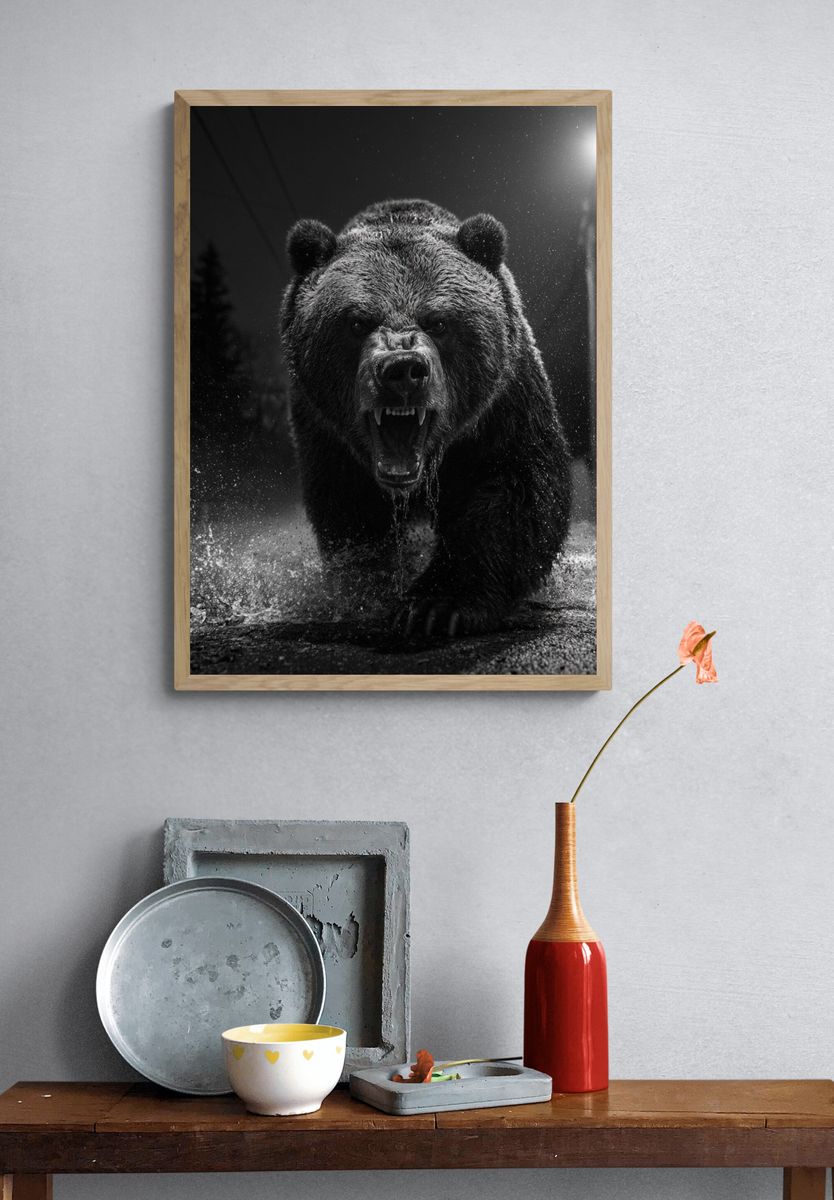 Roaring Bear Black-White Poster. — room view 3