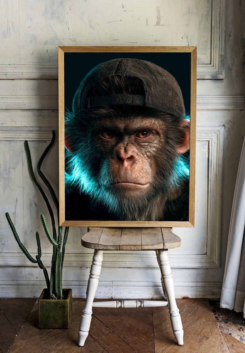 Chimpanzee Cap Portrait Poster. room preview