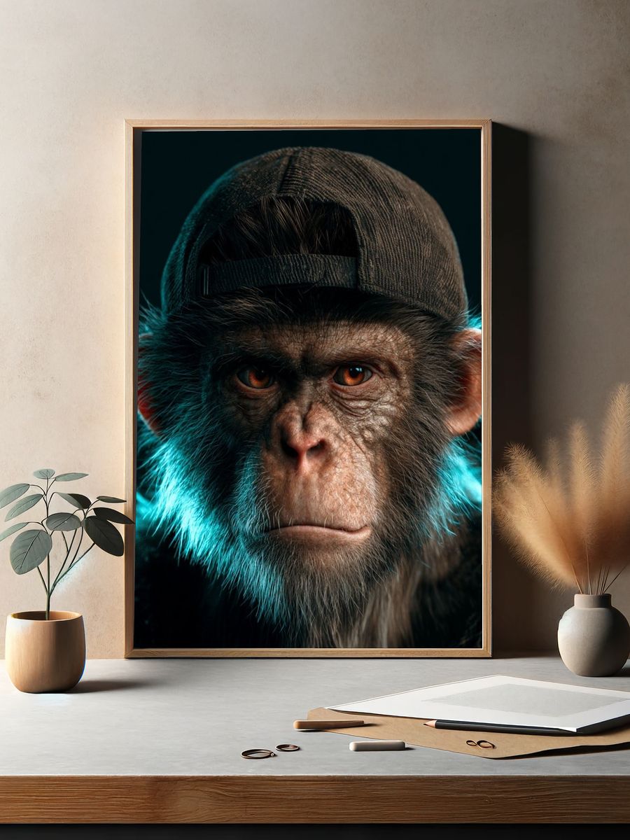 Chimpanzee Cap Portrait Poster. — room view 2