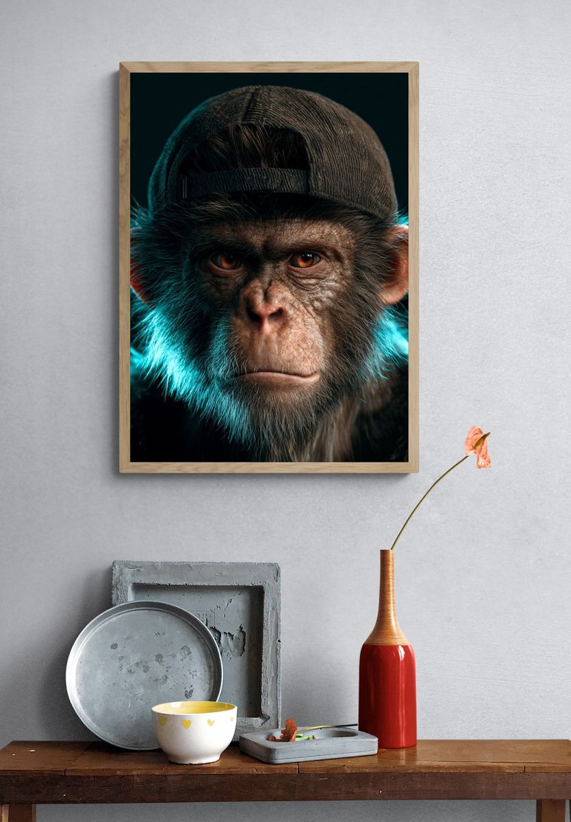 Chimpanzee Cap Portrait Poster. — room view 3