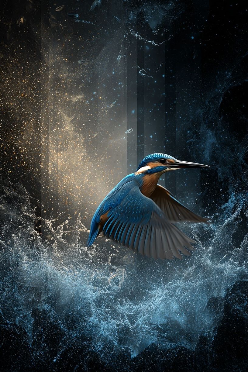 Kingfisher in Flight Illustration Poster. poster detail