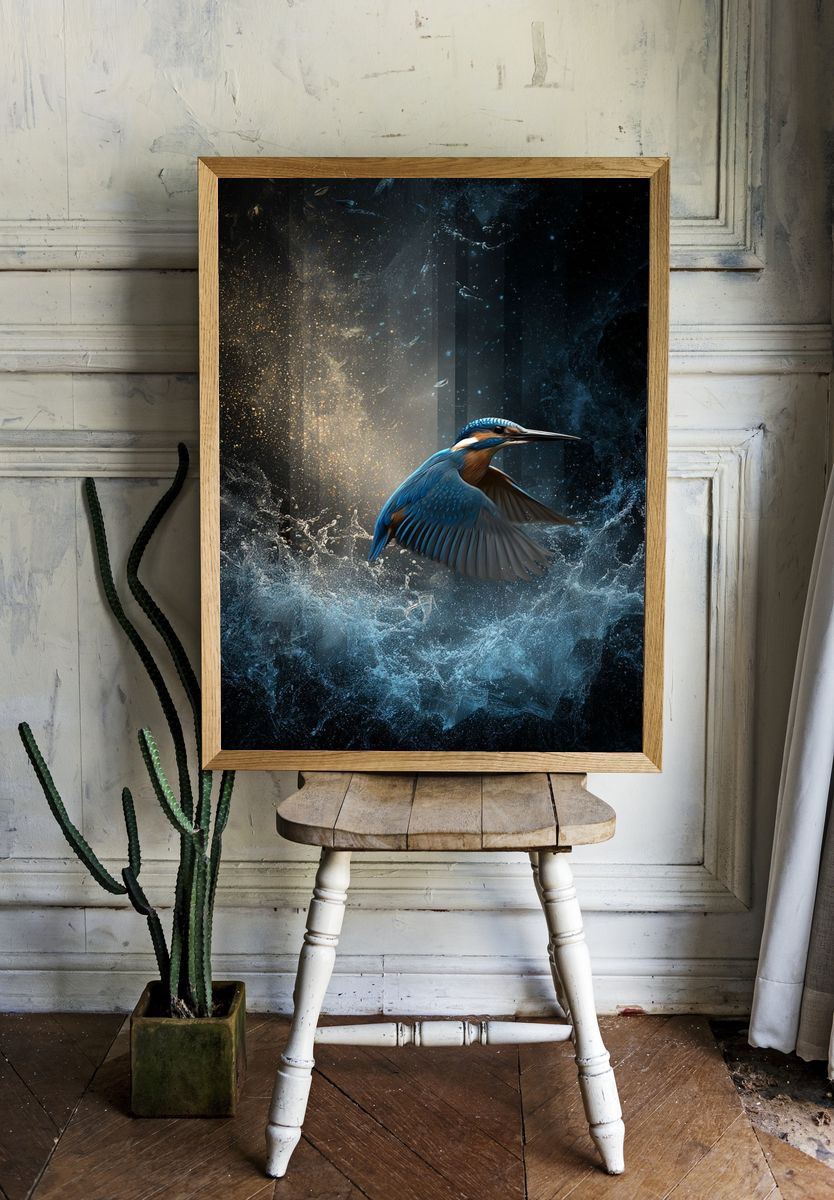 Kingfisher in Flight Illustration Poster. room preview