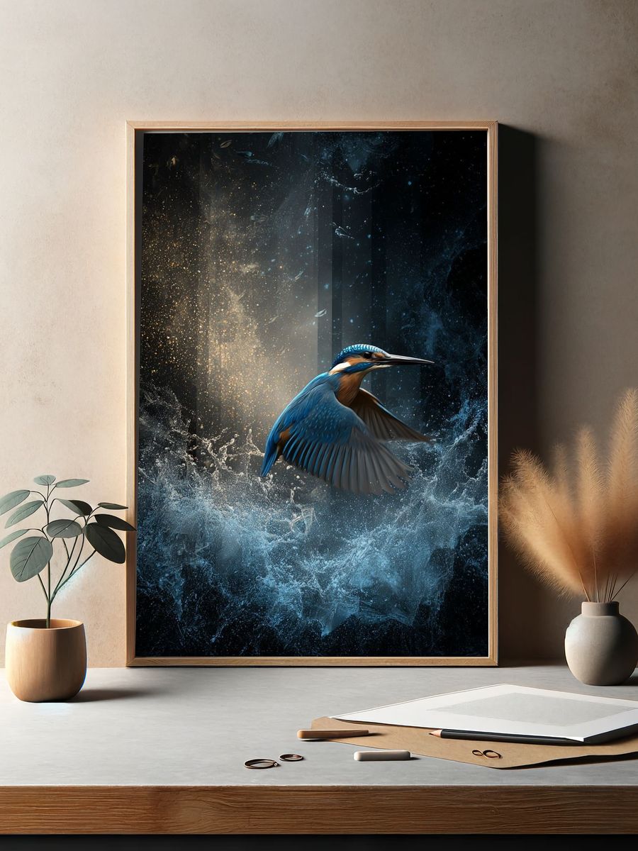 Kingfisher in Flight Illustration Poster. — room view 2