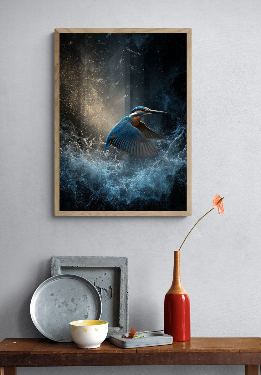 Kingfisher in Flight Illustration Poster. — room view 3