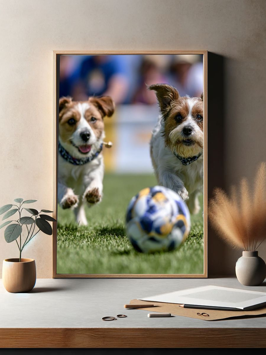 Playful Dogs Soccer Photography Poster. — room view 2