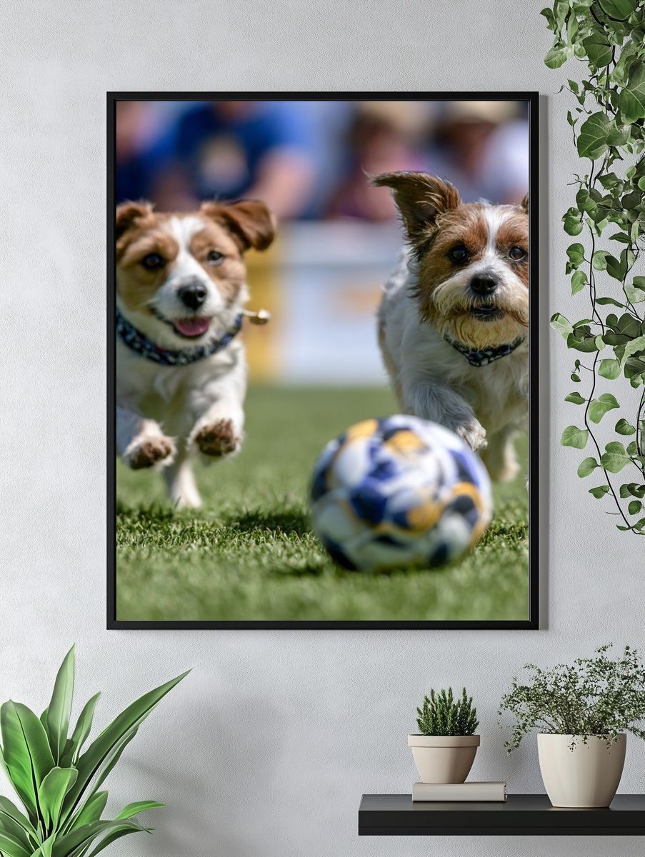 Playful Dogs Soccer Photography Poster. — room view 4
