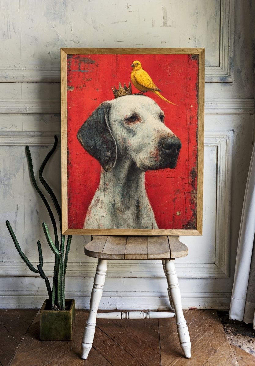 Crowned Dog and Canary Illustration Poster. room preview