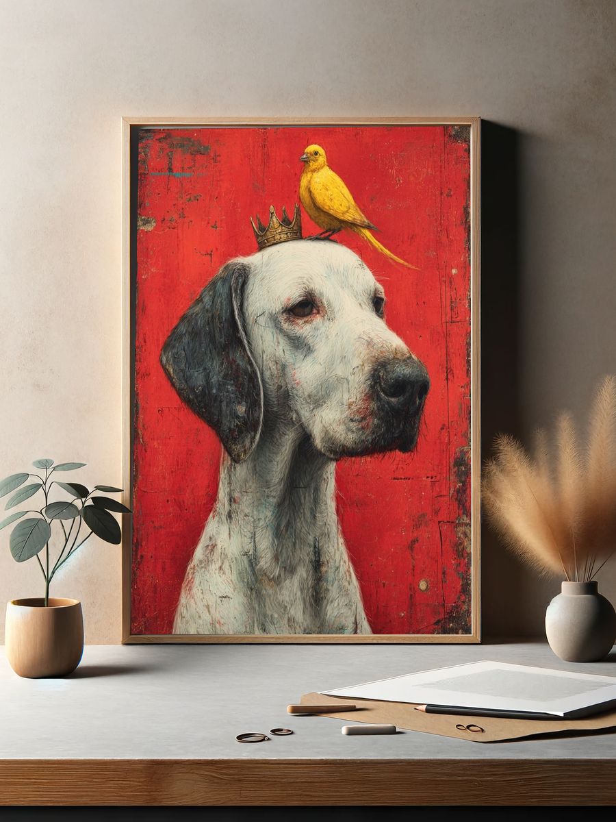 Crowned Dog and Canary Illustration Poster. — room view 2