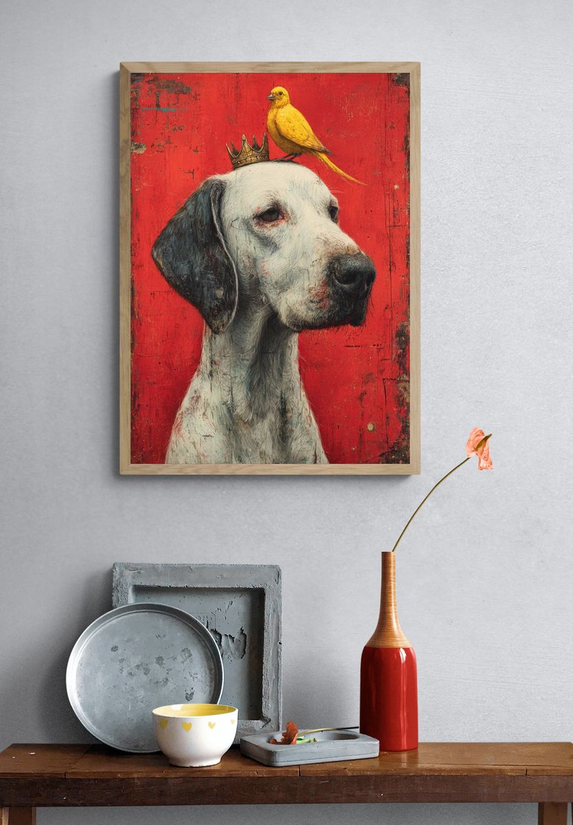 Crowned Dog and Canary Illustration Poster. — room view 3